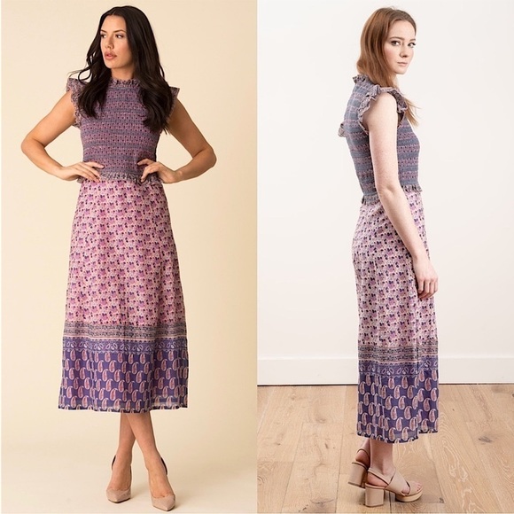 SEA NY Lilac Floral Paisley Stripe Smocked Ruffle Trim Flutter Sleeve Dress 2 - Picture 3 of 14